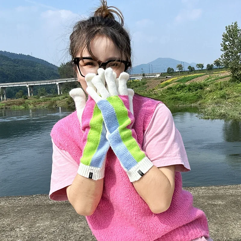 

1Pair Multicolor Warm Knitted Fingerless Gloves Fashionable Touch Screen Gloves Stylish Winter Mittens for Women
