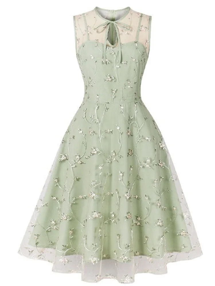 Embroidery Swing Short Summer Mini Dress Summer Mesh Patchwork Pink Green  Elegant Retro Vintage A Line Party Evening Dresses - AliExpress 200000345