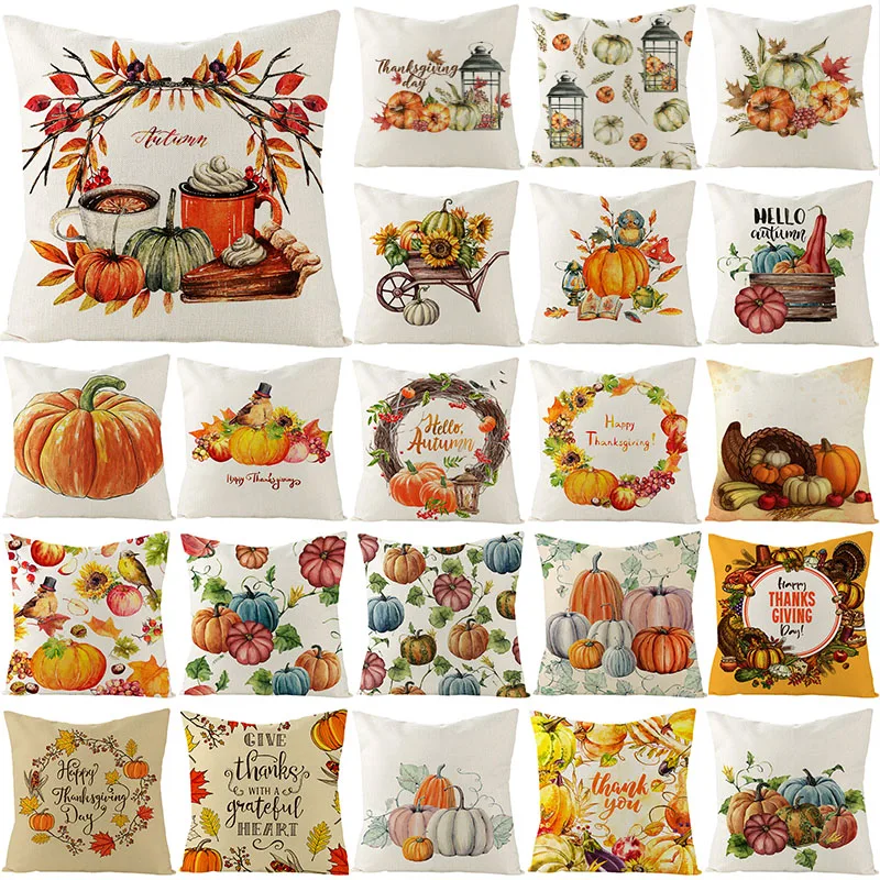 

Happy Thanksgiving Cushion Cover 45X45 Autumn Pumpkin Decorative Throw Pillows Cotton Linen Sofa Cushions Maple leaf Pillowcase