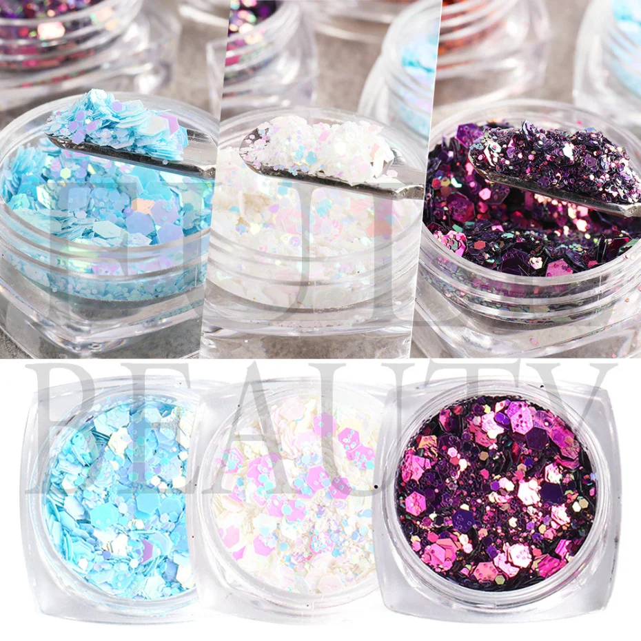 Bright Blue Sequins For Nail Mermaid Mixed Nail Glitter Flakes Hexagon art Paillette Shiny Mirror Spangles Slices LAGB 1Jar nail glitter nail decoration nail decorations nail flakes