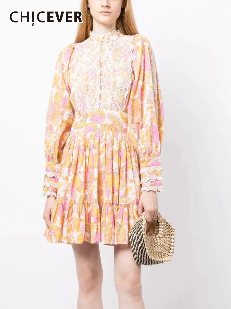 

CHICEVER Floral Printing Mini Dress For Women Stand Collar Lantern Sleeve High Waist Elegant Hit Color A Line Dresses Female New