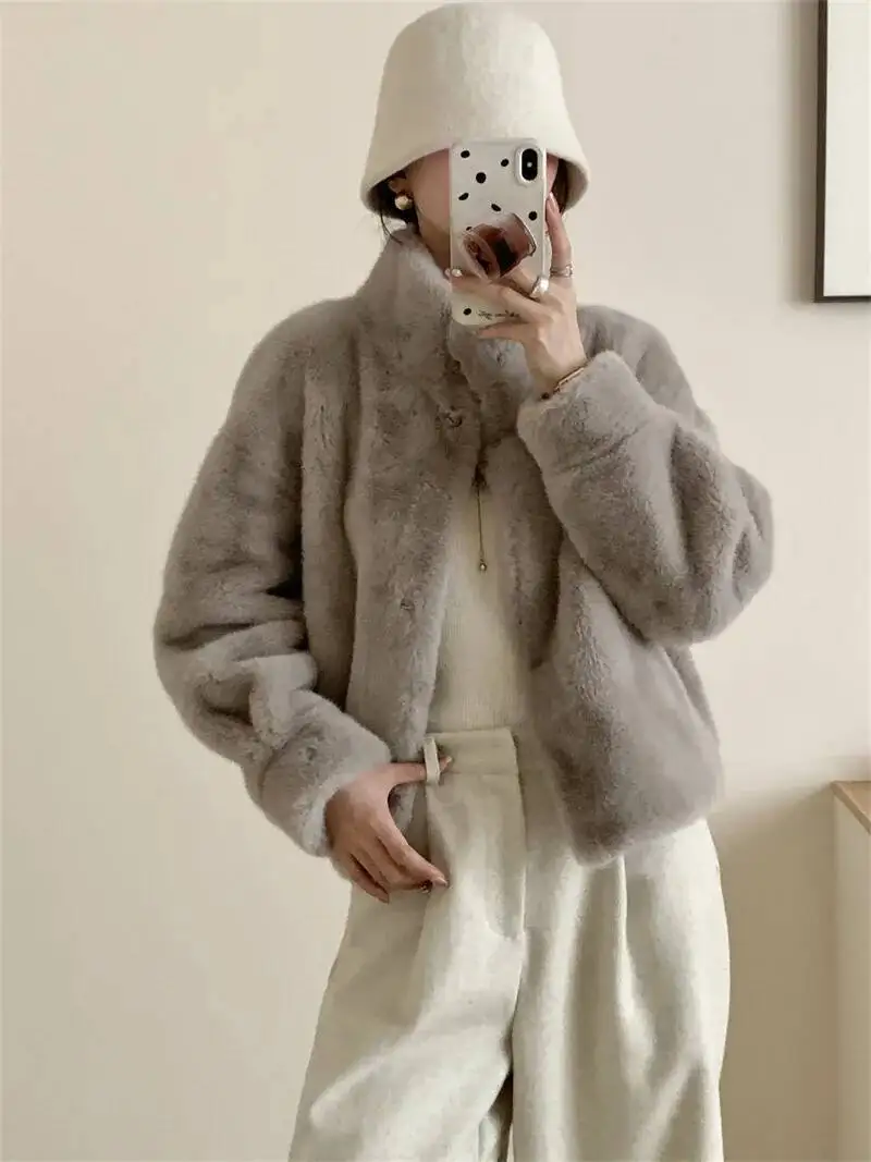 LANMREM Eco-friendly Mink Fur Windproof Stand Collar Faux Mink Coat For Women Warm Winter Thick Jackets With Pockets 2DB5167