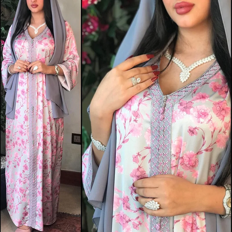 

Muslim Fashion Women Turkish Abaya Dubai Caftan Satin Long Dress Elegant Ladies Party print Embroidery African Robes Boubou