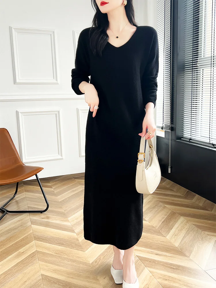 Girls Dress Women Sweater Dress V-Neck Pullover Long Dress Merino Wool Cashmere Knitwear
