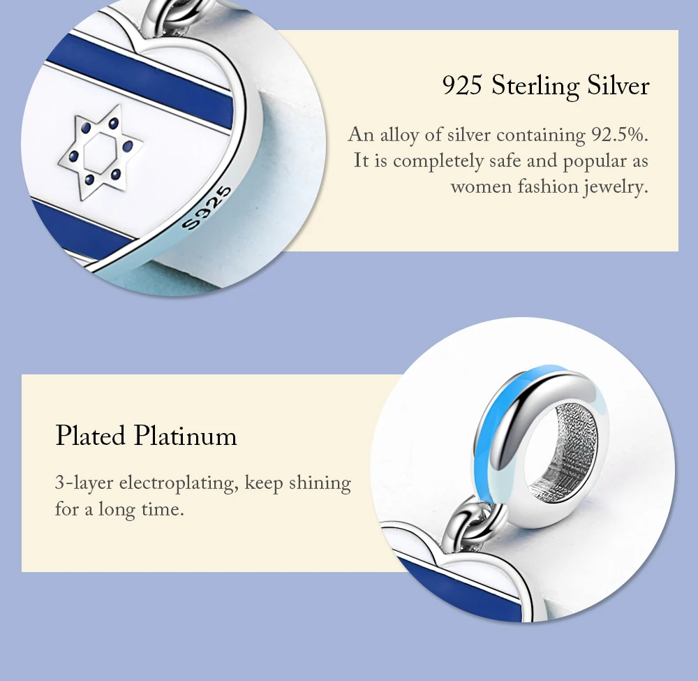 Xiaojing 925 Sterling Silver Heart Israel Flag Star of David Beads Charms for Women Fit Original European Bracelets Jewelry Gift engagement rings for women