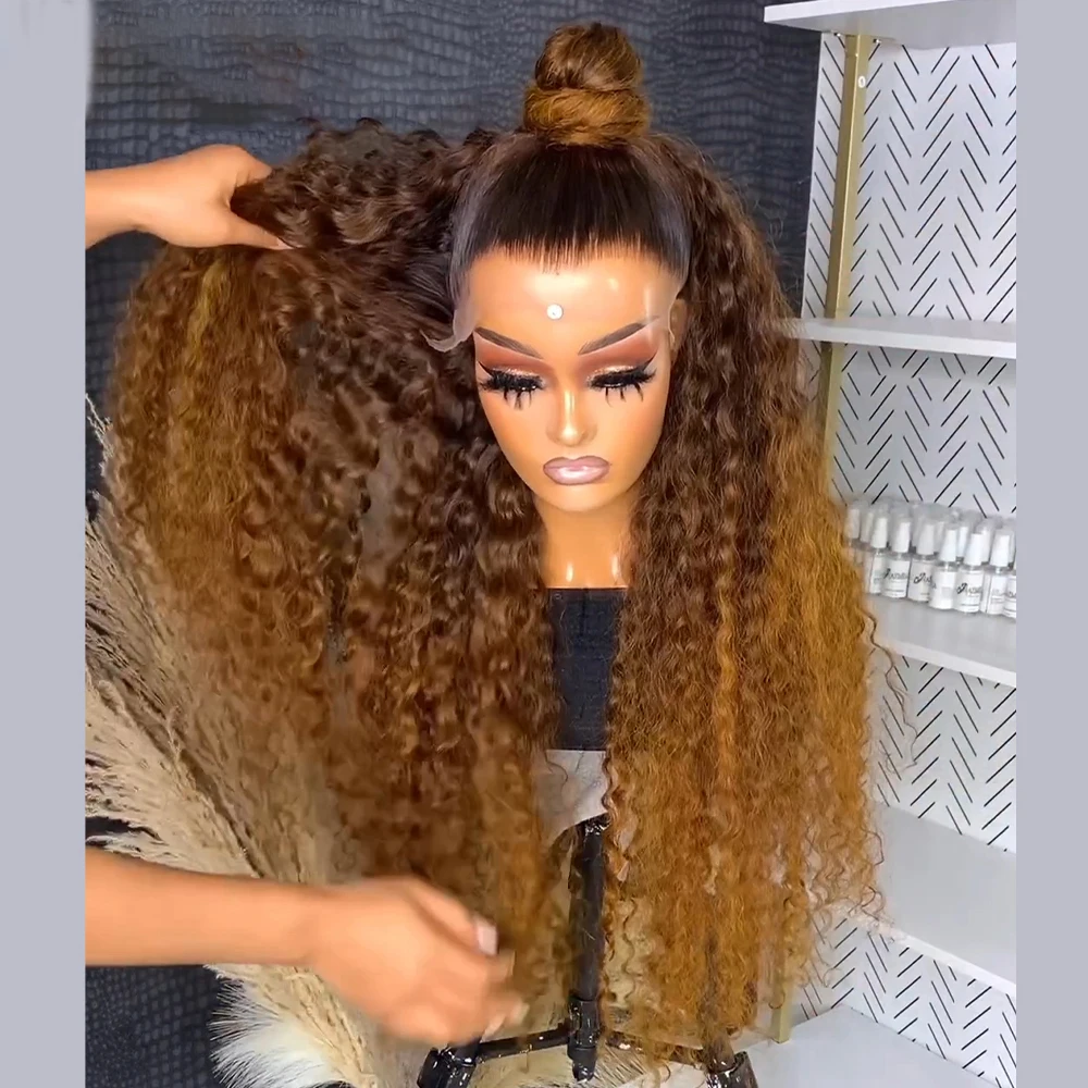 

Soft Preplucked 26Inch 180%Density Glueless Ombre Blonde Kinky Curly Lace Front Wig With BabyHair Heat Temperature Daily Cosplay