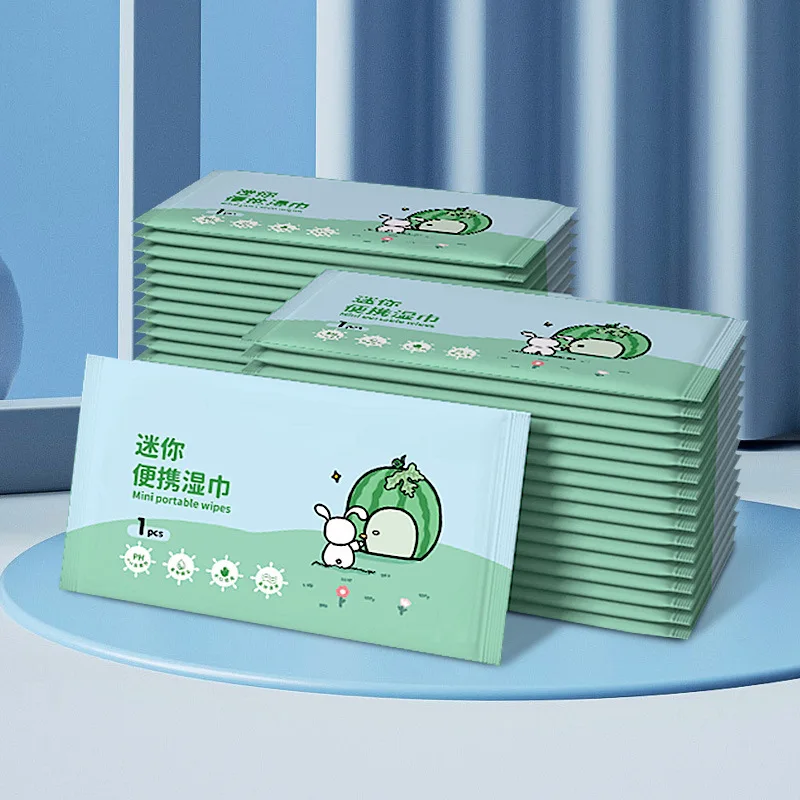 50개입 미니 휴대용 물티슈, 개별 포장, 일회용  손&입 청결 물티슈