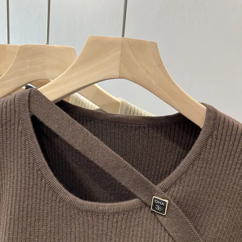Fashion O-Neck Button Spliced Asymmetrical Blouses Women's Clothing 2023 Autumn Winter Loose Knitted Commuter Tops Korean Shirts
