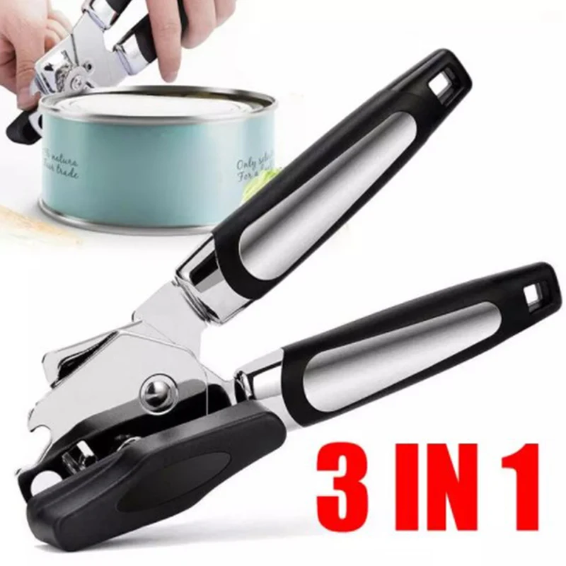 3 in 1 Professional Manual Stainless Steel Cans Opener Practical Unique Kitchen Tools Corkscrew Handle Grip Bottle Opener 1PC can opener bottle opener