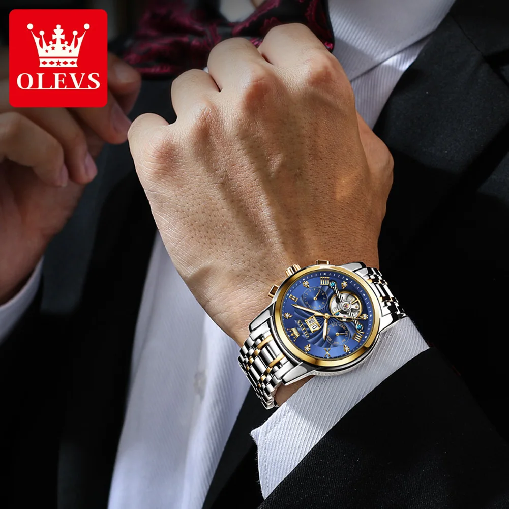 OLEVS 9910 Watch For Men Diamond Luxury Week Calendar Display Waterproof Man Watches Hollow Original Automatic Mechanical Watch