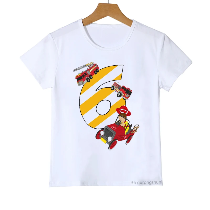 

T-Shirt For Boys 2-7th Birthday T-Shirt Boys Fire Truck Firefighter Cartoon Birthday Digital Print For Kids Birthday Gift Tshirt