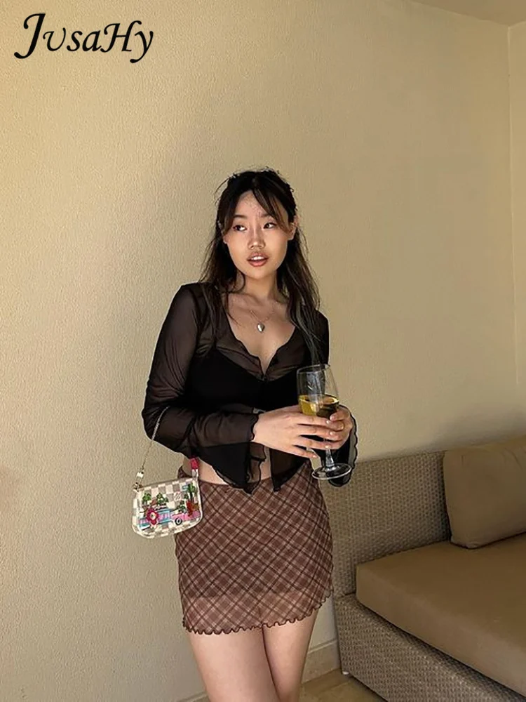 JusaHy 여성용 신축성 스키니 짧은 캐미솔 및 약간 투명한 가디건, 스위트 블랙 상의, Y2K, 가을 2022, 신상 투피스 세트