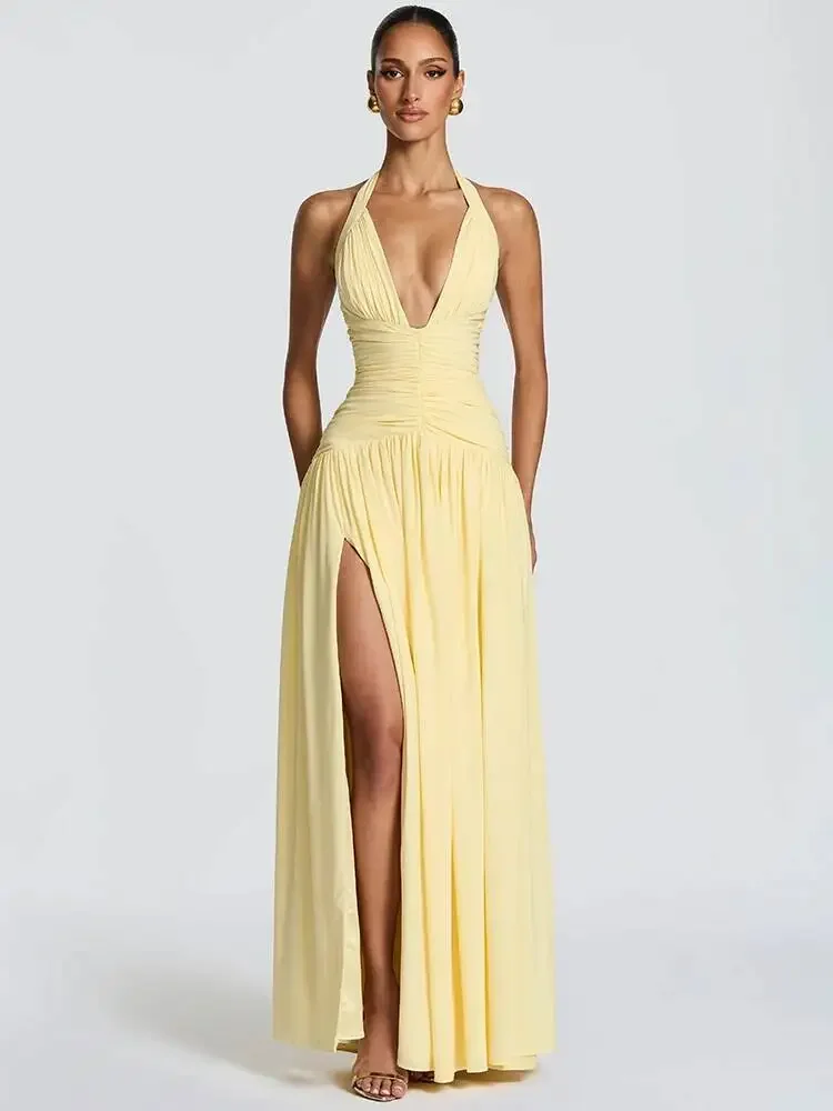 Women Halter Sexy Maxi Dress Deep V Neck Pleated Backless High Split Evening Party Dress Elegant Beach Long Dresses
