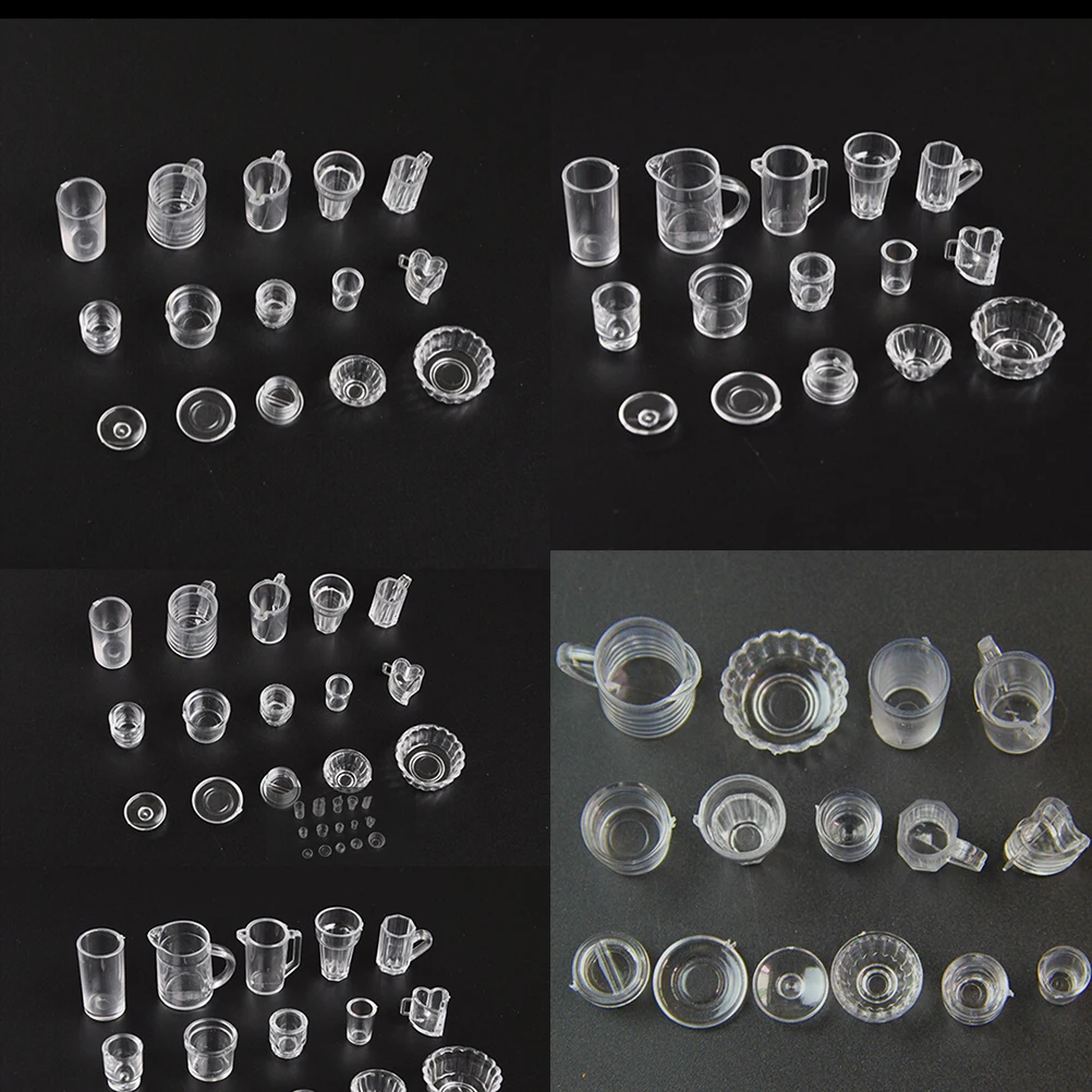 15pcs/Set Mini Transparent Kitchenware Toy Drink Cups Dish Plate Tableware Miniatures DIY Pretend Play
