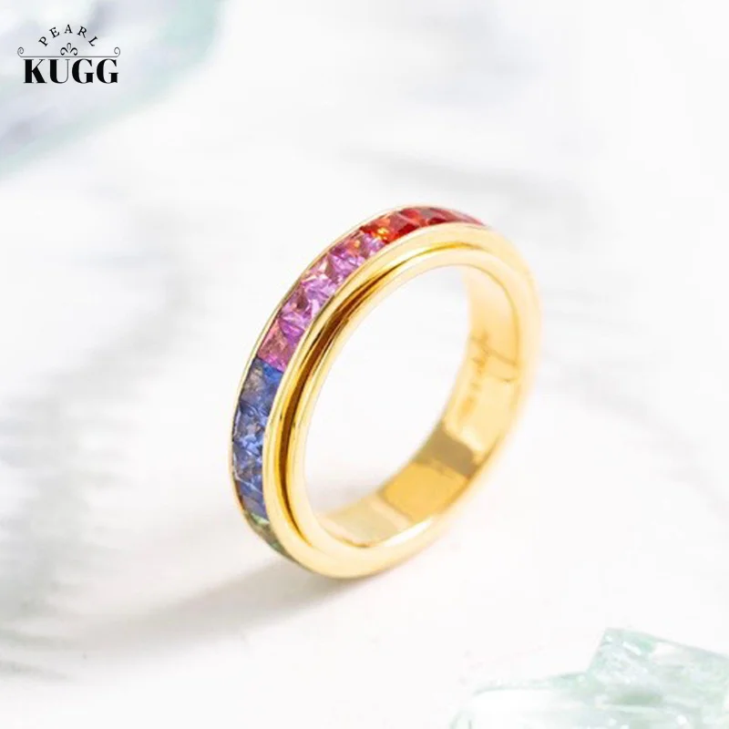 KUGG 18K Yellow Gold Rings Real Natural Sapphire 3.4carat Luxury Rianbow Design Exquisite Jewelry for Women Senior Banquet