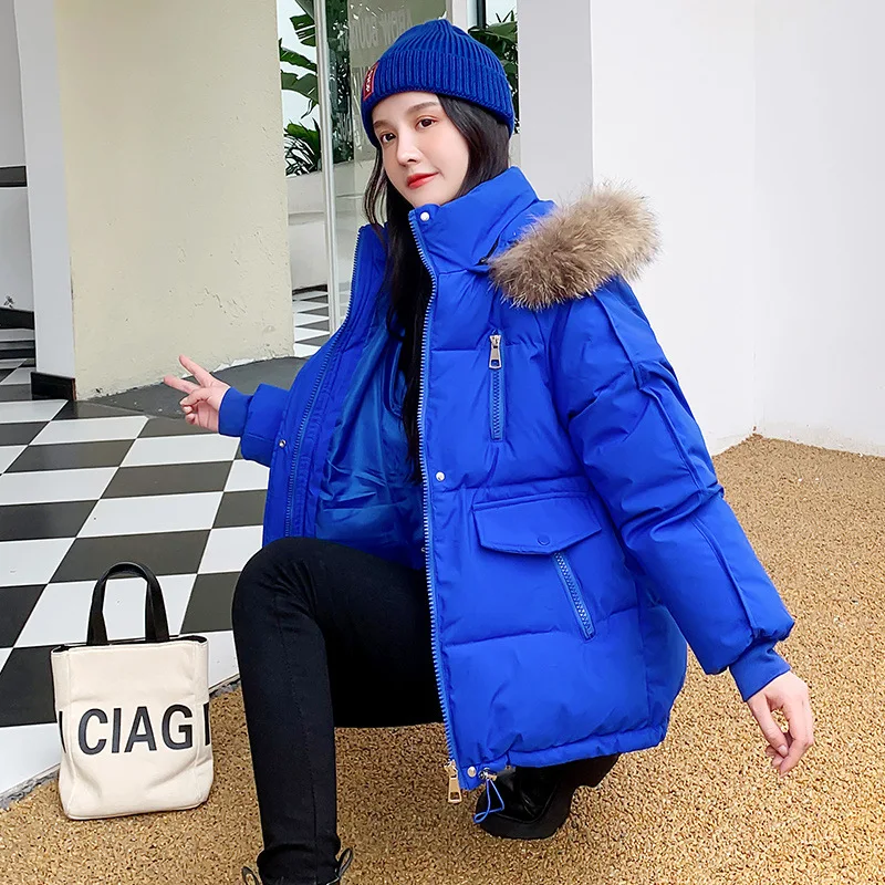 

Autumn Winter Thicken Warm Parka Big Pocket Women Solid Color Loose Short Hooded With Fur Coat Jackets Outwear