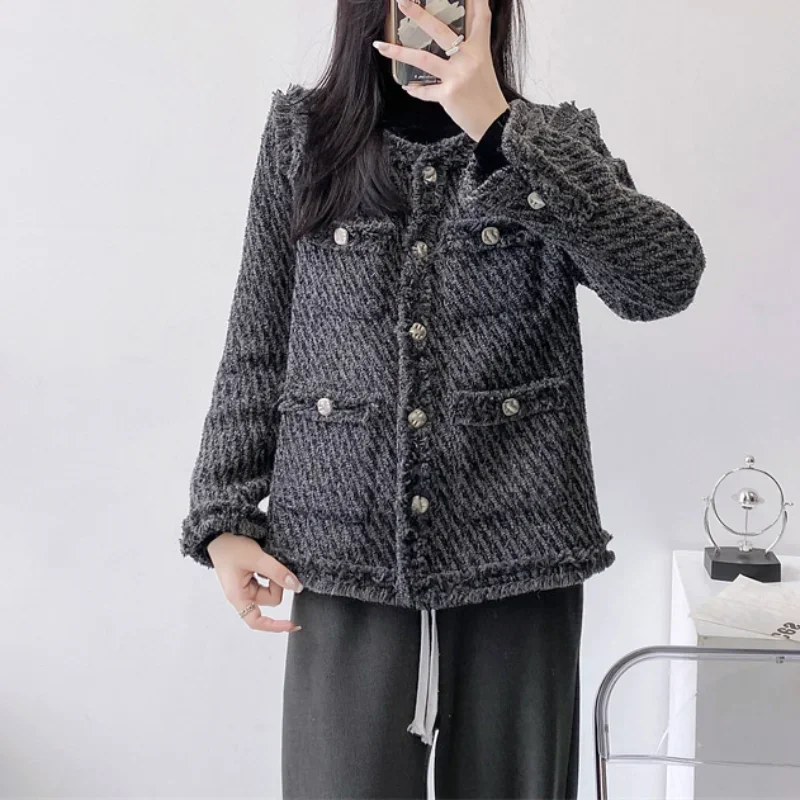 

Autumn Winter Casual Vintage Wool Tweed Coat Women's Loose O Neck Small Fragrance Warm Cotton Lining French Dark Gray Coat 1692