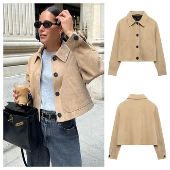 PB&ZA2024 Autumn New Women's Fashion Slim Fit and Simple Deer Fleece Flip Collar Short Jacket Coat 1