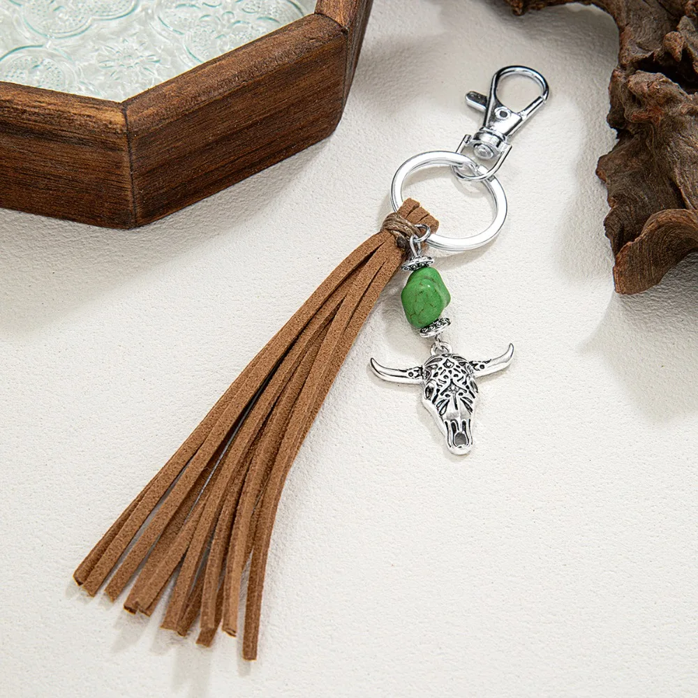 Western Style Alloy Bull Head Keychain Colored Turquoise Pendant ...