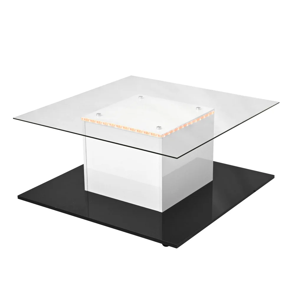 Moderner Wohnzimmer-Couchtisch, Hochglanz-Couchtisch aus Glas, mobiler Sofatisch mit drehbaren Rädern, geeignet für das Wohnzimmer – Detail 15