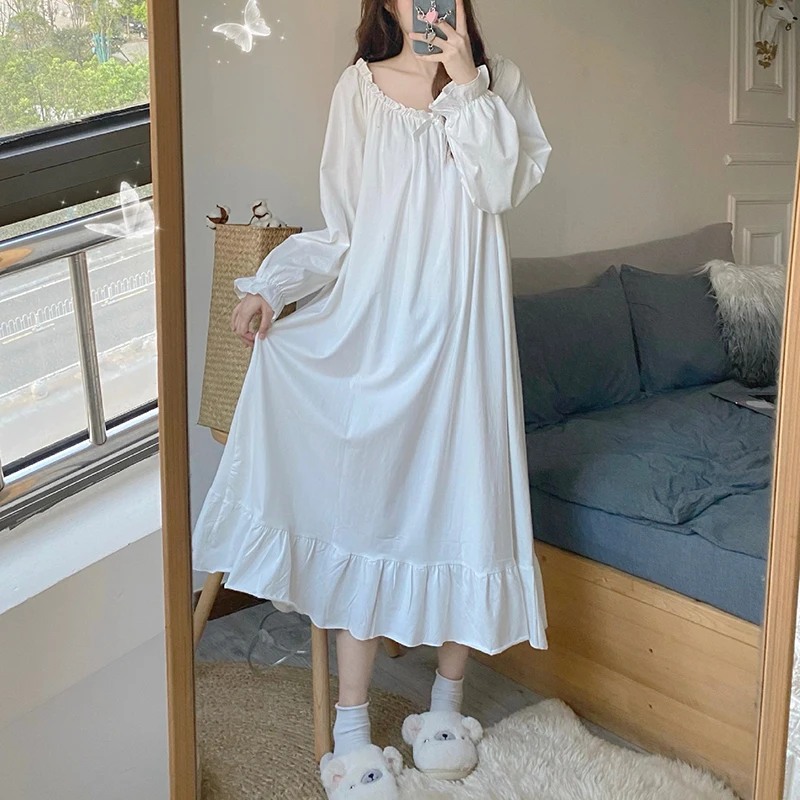 Cotton Nightgowns for Women New Long Sleeve Night Dress Large Size Loose White Nightdress Ladie's Casual Nightwear Nightshirt - Image 3