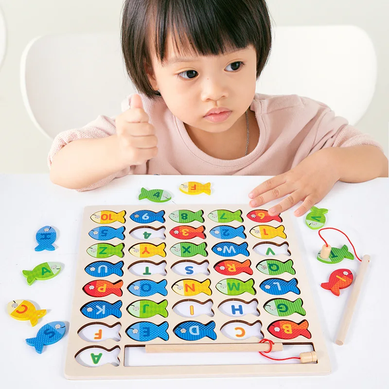Wooden alphanumeric cognition early education puzzle magnetic fishing toys children's games 0-4