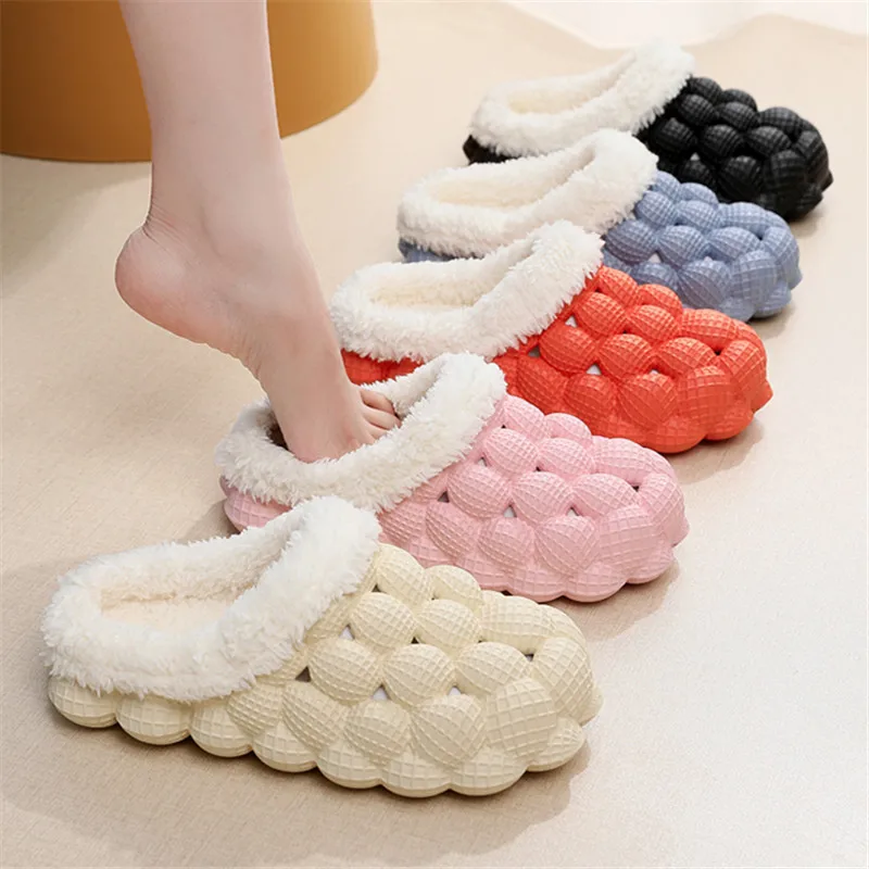 

Women Winter Fur Warm Cotton Slippers Indoor Home Couple Funny Bubble Shoes Comfy Plush Non Slip House Slippers Woman Plus Size