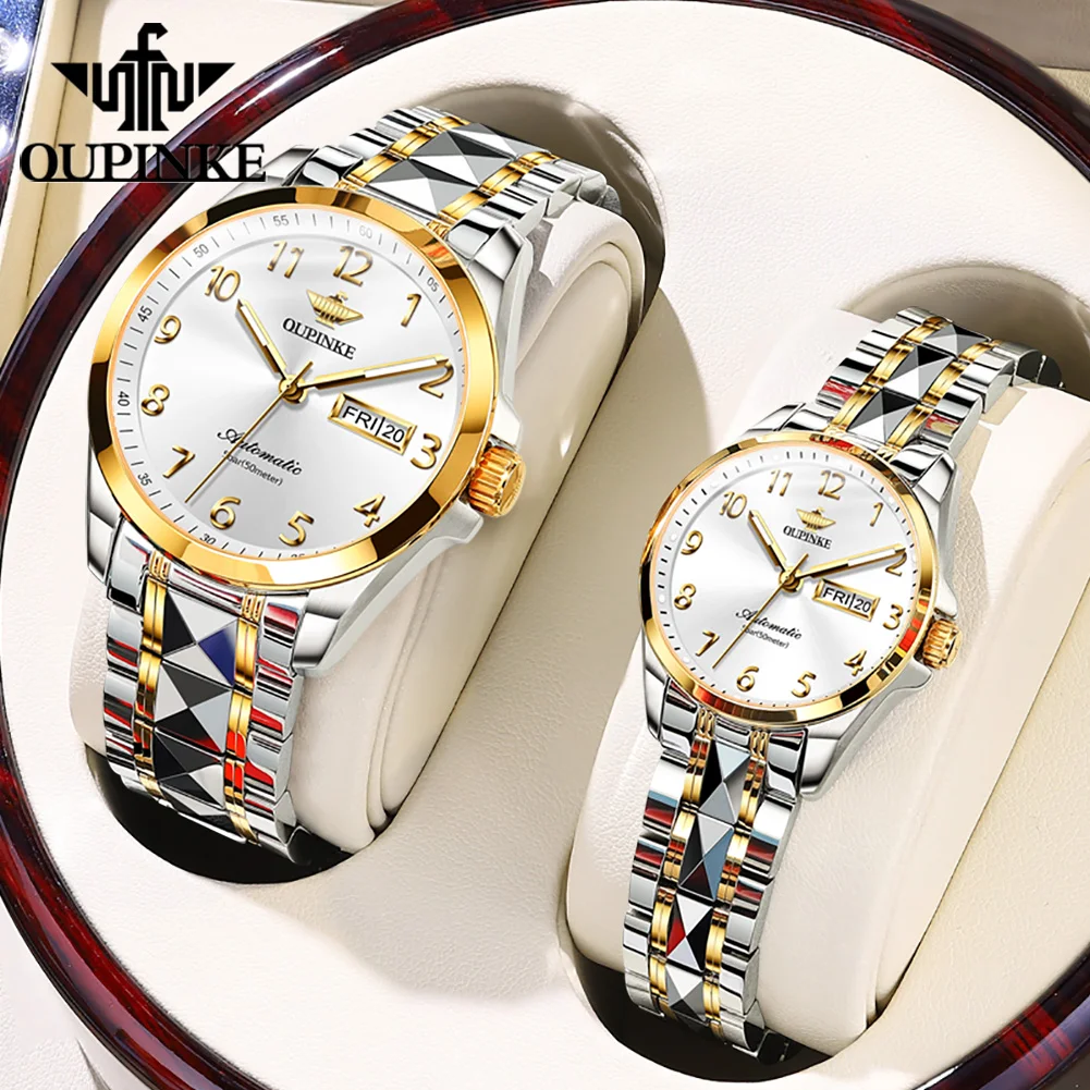 

OUPINKE Couple Watches for Men Women Japanese Movement Tungsten steel Swiss Certification Automatic Mechanical Lover's Watch Set