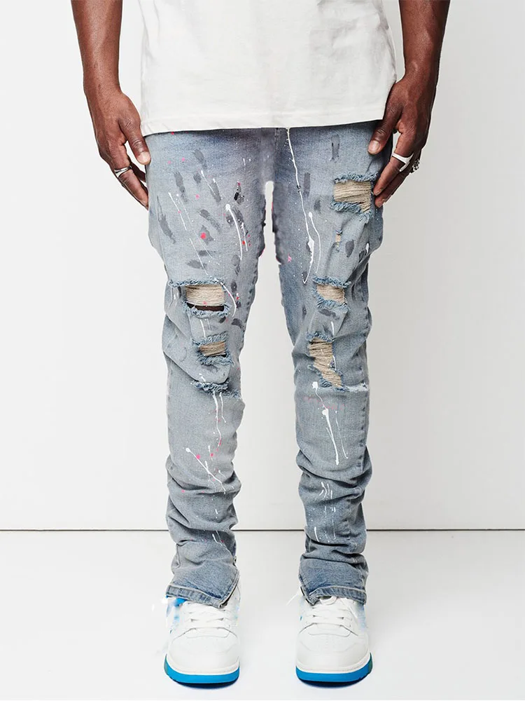 New Design Men Jeans Man paint Slim Fit Cotton Ripped Denim pants Knee Hollow Out Light blue Jeans for Men Streetwear