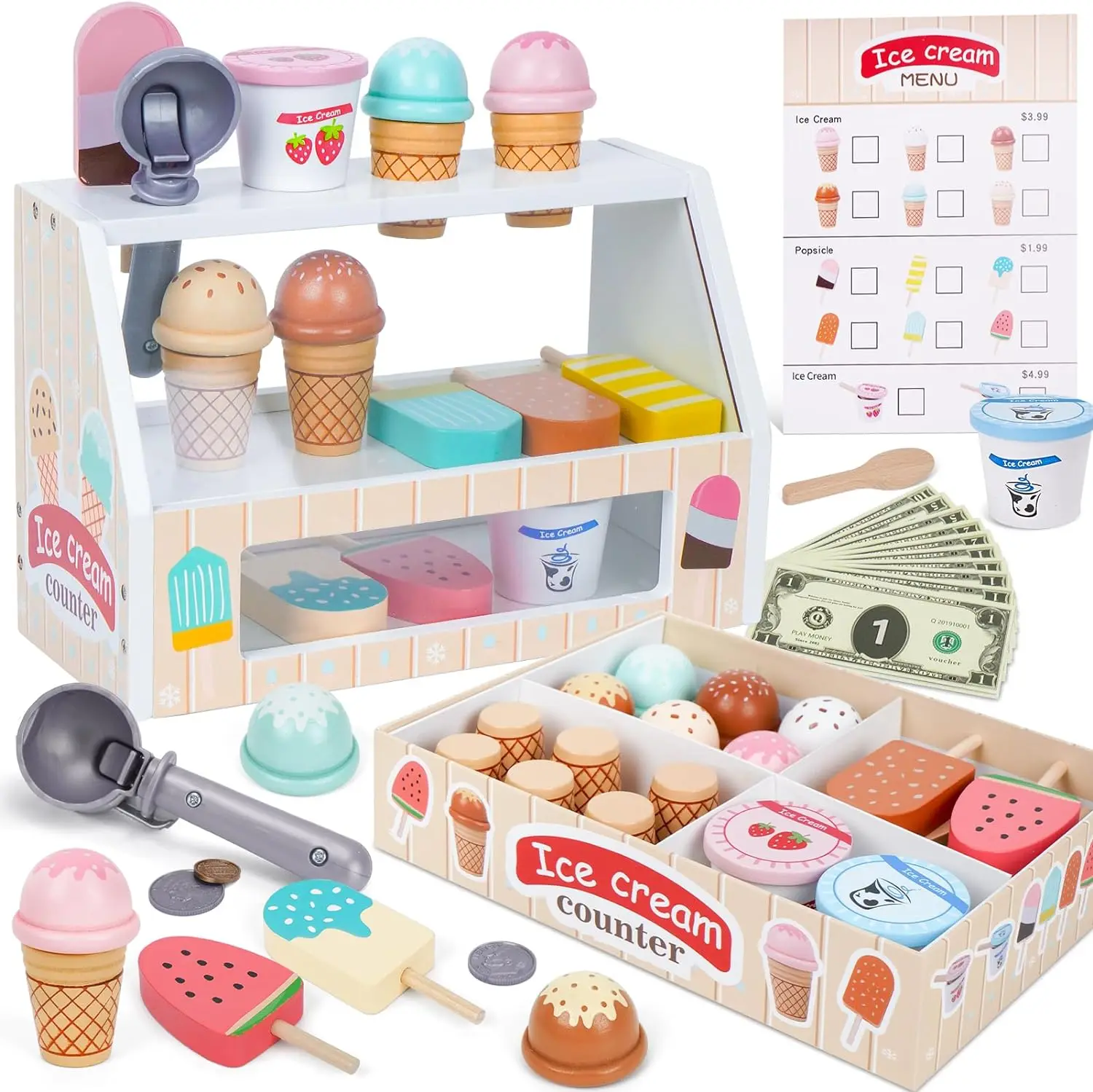 Wooden Pretend Toys Simulation Ice Cream Counter Playset
