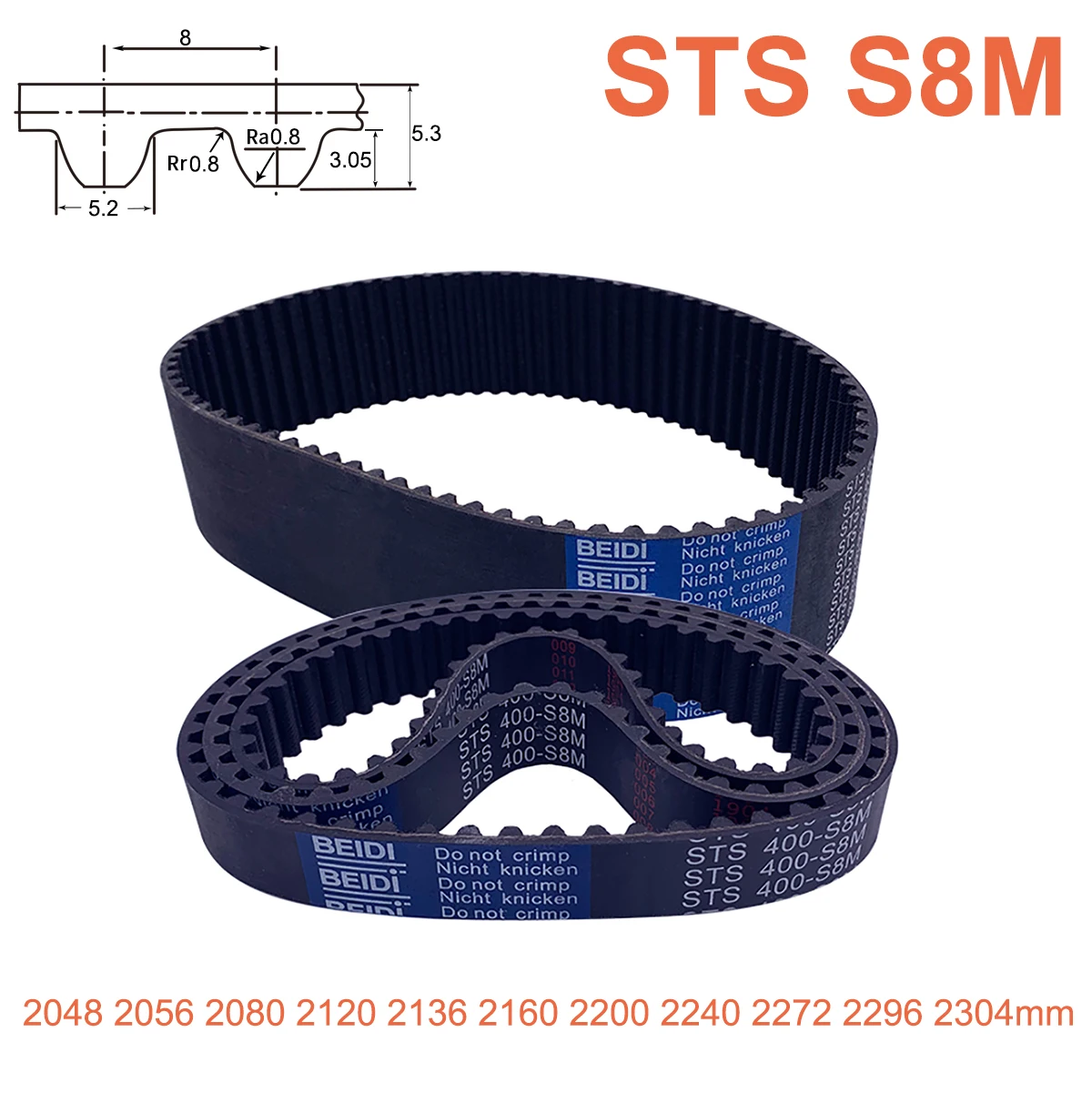 S8M Rubber Timing Belt 2048 2056 2080 2120 2136 2160 2200 2240 2272 2296 2304mm Width 15/20/25/30/40mm Closed Synchronous Belt