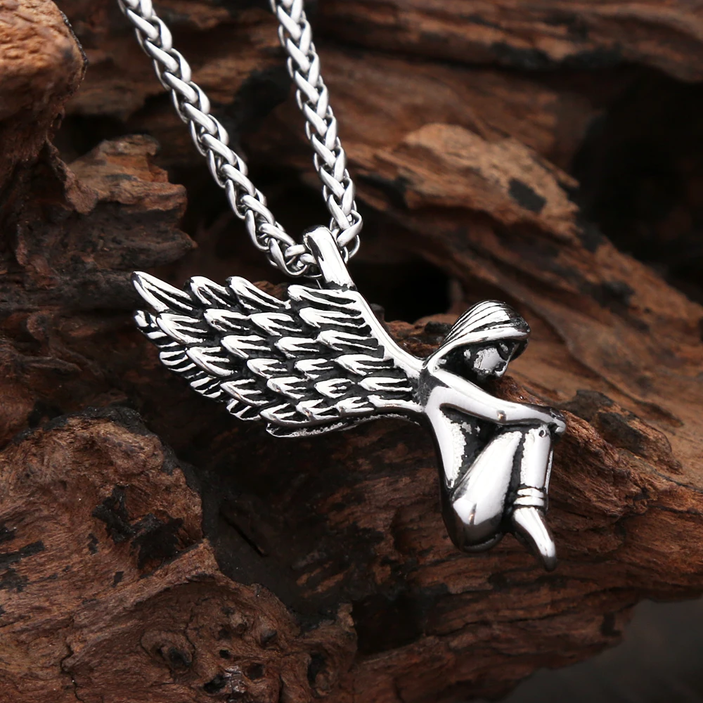 Classic Vintage Praying Hand Guardian Angel Wings Pendant Necklace