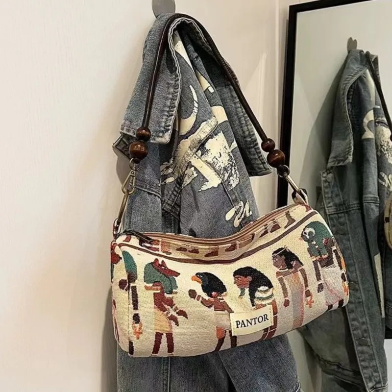 Retro Pharaoh Cartoon Print Tote Bag Women Bohemian Style Fun Cute Large Capacity Shoulder Bag Ladies Fashion Casual Handbag New