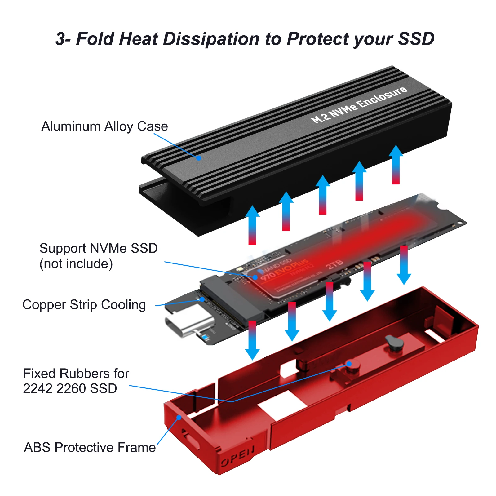 OEM Külső M.2 NVMe/SATA SSD ház, USB-C 3.1 Gen.2, 10 Gbps, USB-C, ezüst