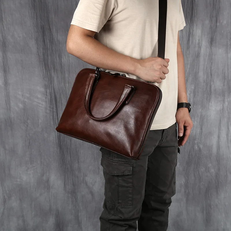 Vintage Men's Briefcase Top Layer Cowhide Casual Handbag Leather Business Shoulder Messenger Bag Brown 14 Inch Laptop Bag NZPJ 4