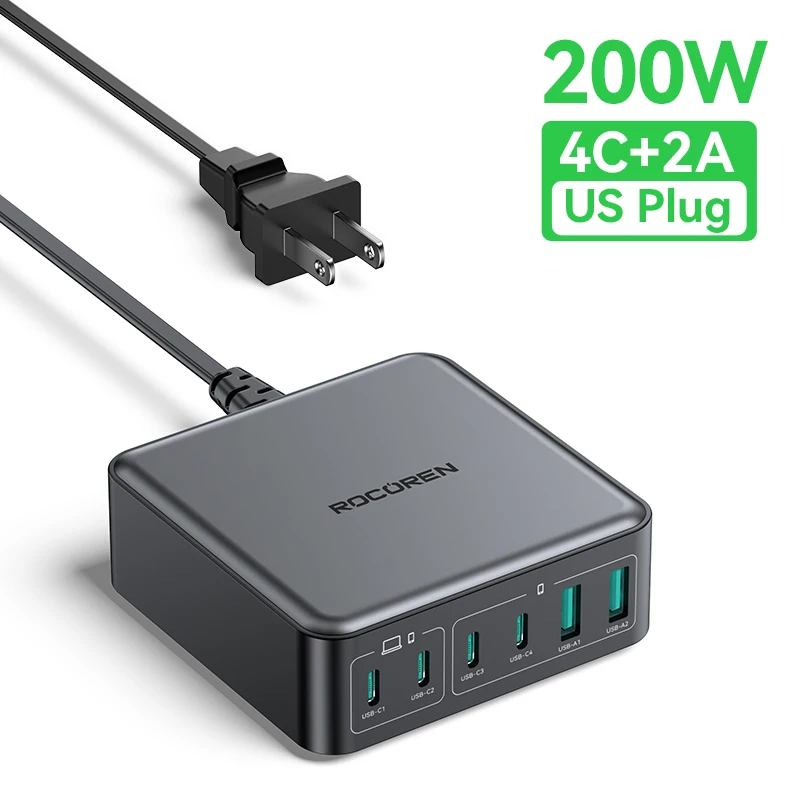 Rocoren 200W GaN 6-Port Desktop Fast Charging USB-C Charger