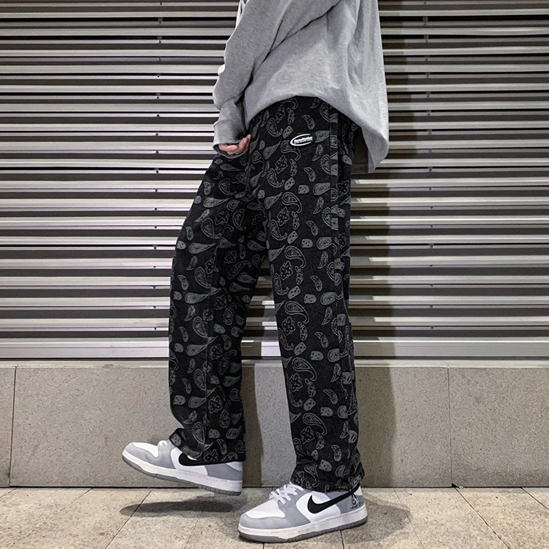 

New Spring Men Cashew Flower Print Baggy Jeans Korean Fashion Elastic Waist Straight-leg Denim Pants Male Brand Trousers