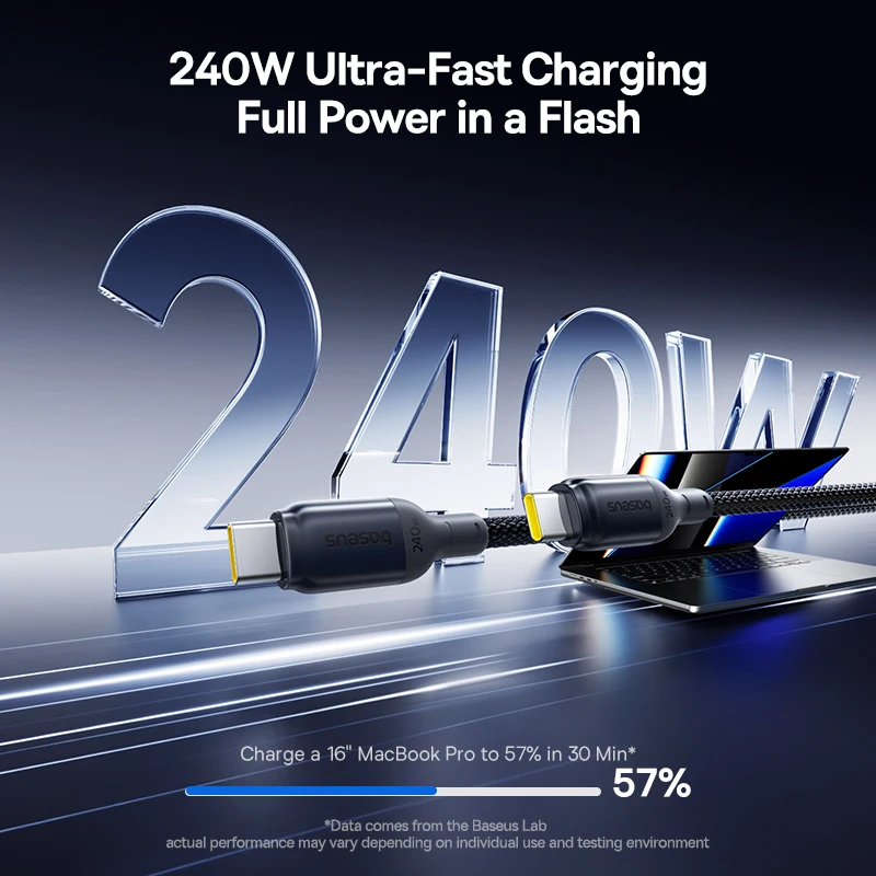 Baseus 240W Fast Cable For MacBook Pro Series iPhone 17 16 15 USB-C Type-C Charging Data Cable For Samsung Galaxy S Series