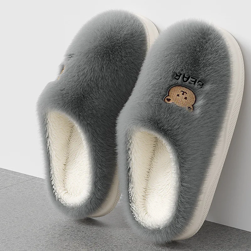 Couples Winter Home Slippers Women Shoes Cute Cartoon Bear Furry Shoes Men Warm Plush Slides Indoor Bedroom Non-Slip Floor Flats 2