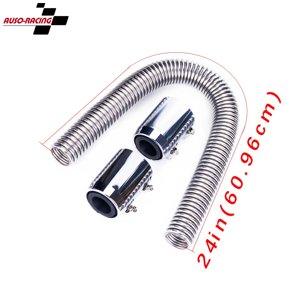 24" (61cm)  Stainless Steel Radiator Hose Flexible Coolant Water Hose Kit With 2 Chrome Caps Universal