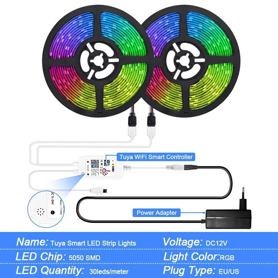 Tuya 스마트 LED 라이트 스트립 12V RGB 디 밍이 가능한 테이프 방수 SMD 5050 APP/원격 제어 알렉사와 함께 작동 룸 TV 장식