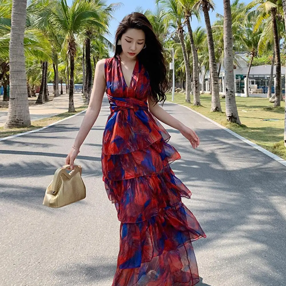 2022 New Summer Women s Midi Beach Dresses Fashion Print Sexy Backless V Neck A line