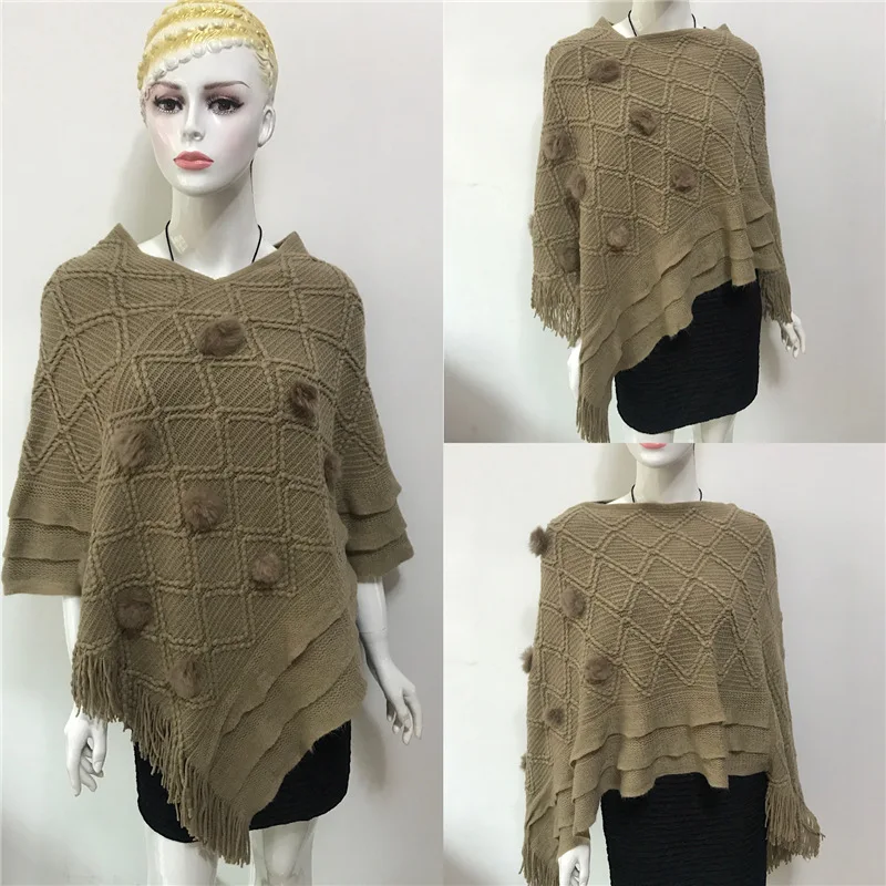 

Spring Autumn New European American Women Wool Ball Cloak Shawl Tassel Jacquard Knitted Coat Lady Cloak Fashion Selling Khaki