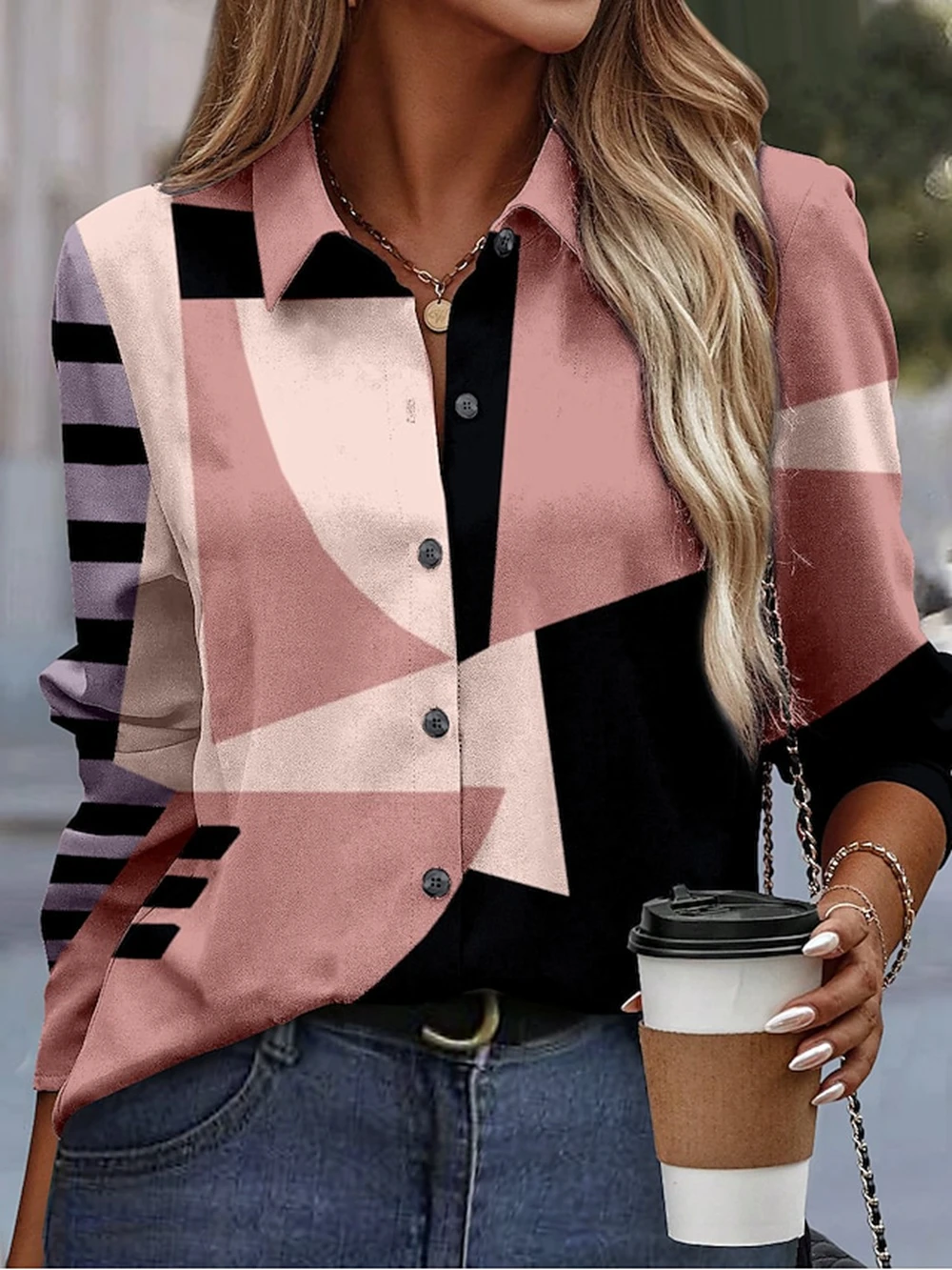 2024 New Women's shirts & blouses,Geometric stripe printing Elegant women blouse Long-sleeved Female clothing Tops camisa