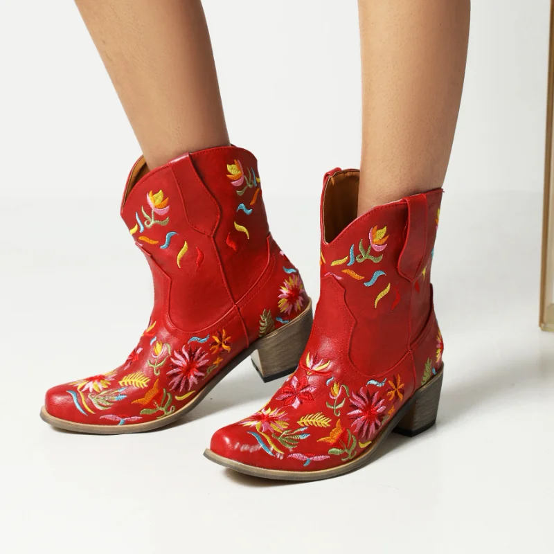 

2023 new Autumn winter women ankle boots plus size 22-29cm pu upper women modern Boots Embroidered flowers western boots