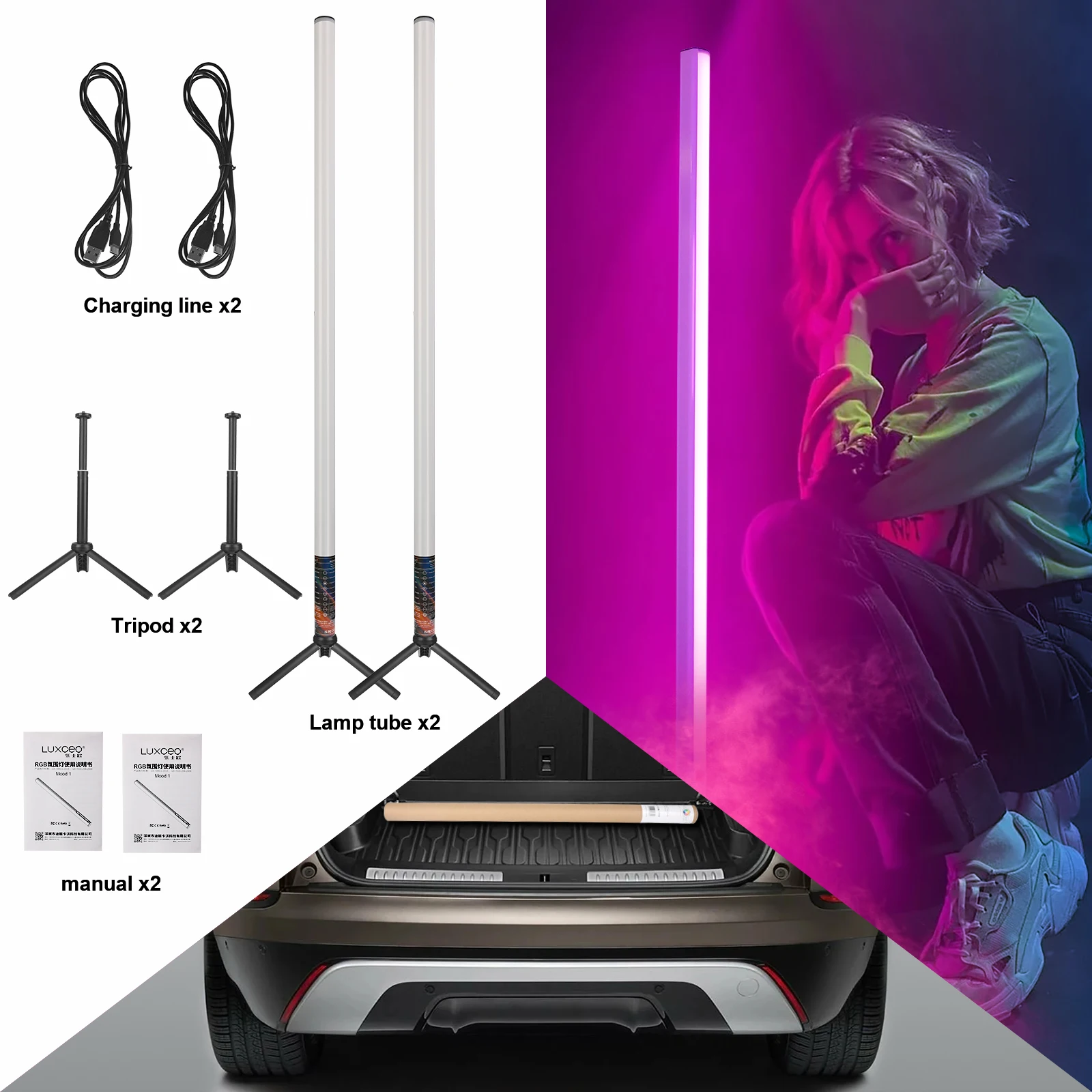 LUXCEO RGB 무드 라이트 사진 배경 분위기 조명, 플로어 LED 코너 조명, 룸 스테이지 바 DJ 파티용, 120cm, 2 개