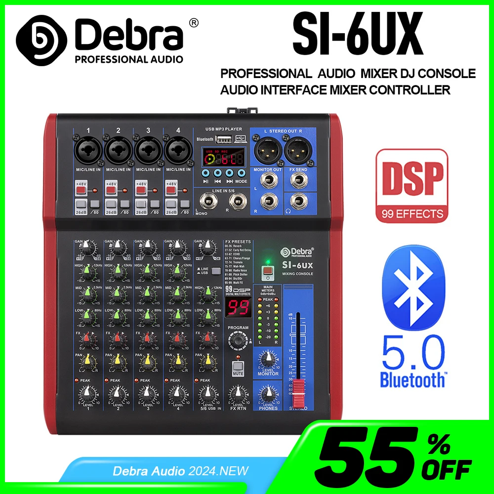 데브라 프로 6 채널 DJ 컨트롤, 99DSP 리버브 효과, 블루투스 5.0 USB..