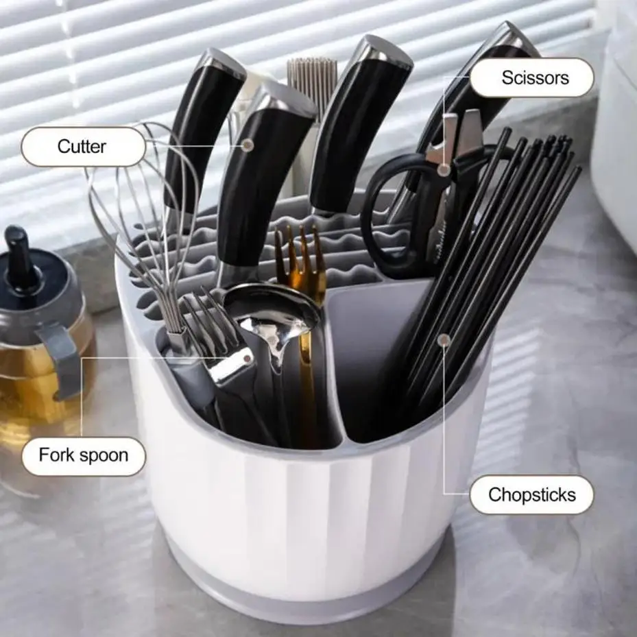 360 Degrees Rotating Knife Holder Multi-Function Utensil Holder Knife Block Flatware Drainer Storage Box Spoon Fork for Kitchen