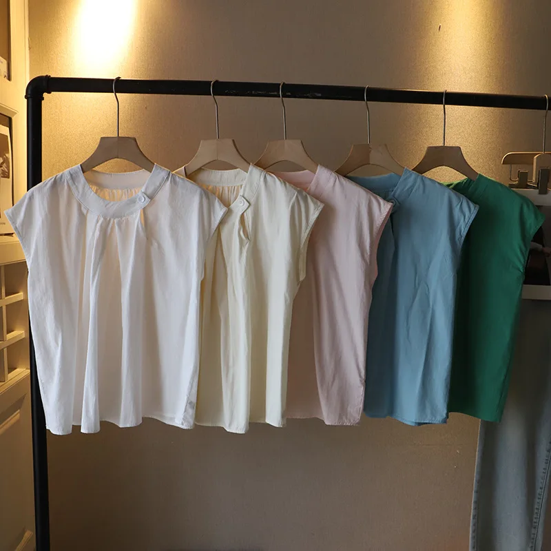 

Женская рубашка без рукавов, простая свободная универсальная рубашка в Корейском стиле с круглым вырезом и складками, лето 2024