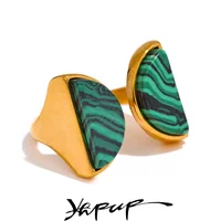 Yhpup Green Natural Malachite Stone Stainless Steel Fashion Wide Ring Gold Silver Color Charm Waterproof Jewelry for Women Gift